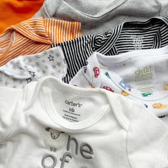 Baby Bundle of 7 Bodysuits Tops Newborn Carters Short & Long Sleeve Orange Grey - Picture 2 of 2